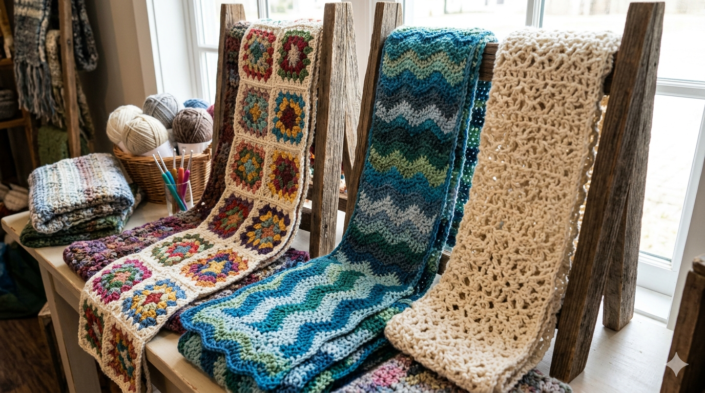 Collection of colorful crocheted blankets on a wooden ladder.